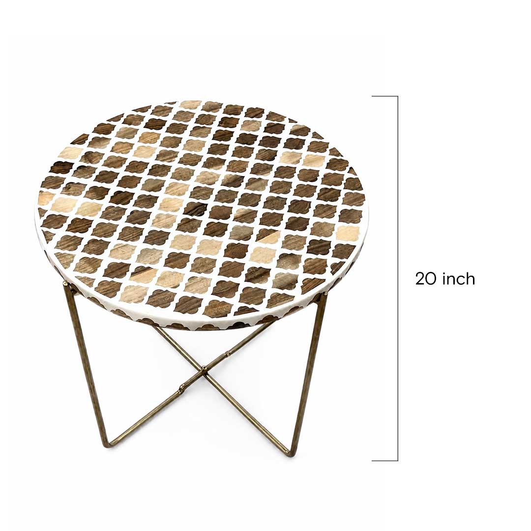 Handcrafted Quatrefoil Inlay Side Table with Gold Cross Base