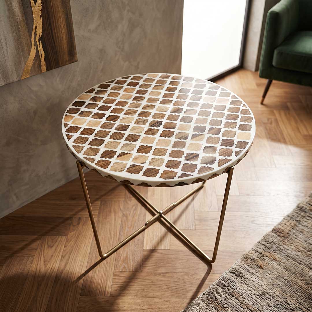 Handcrafted Quatrefoil Inlay Side Table with Gold Cross Base