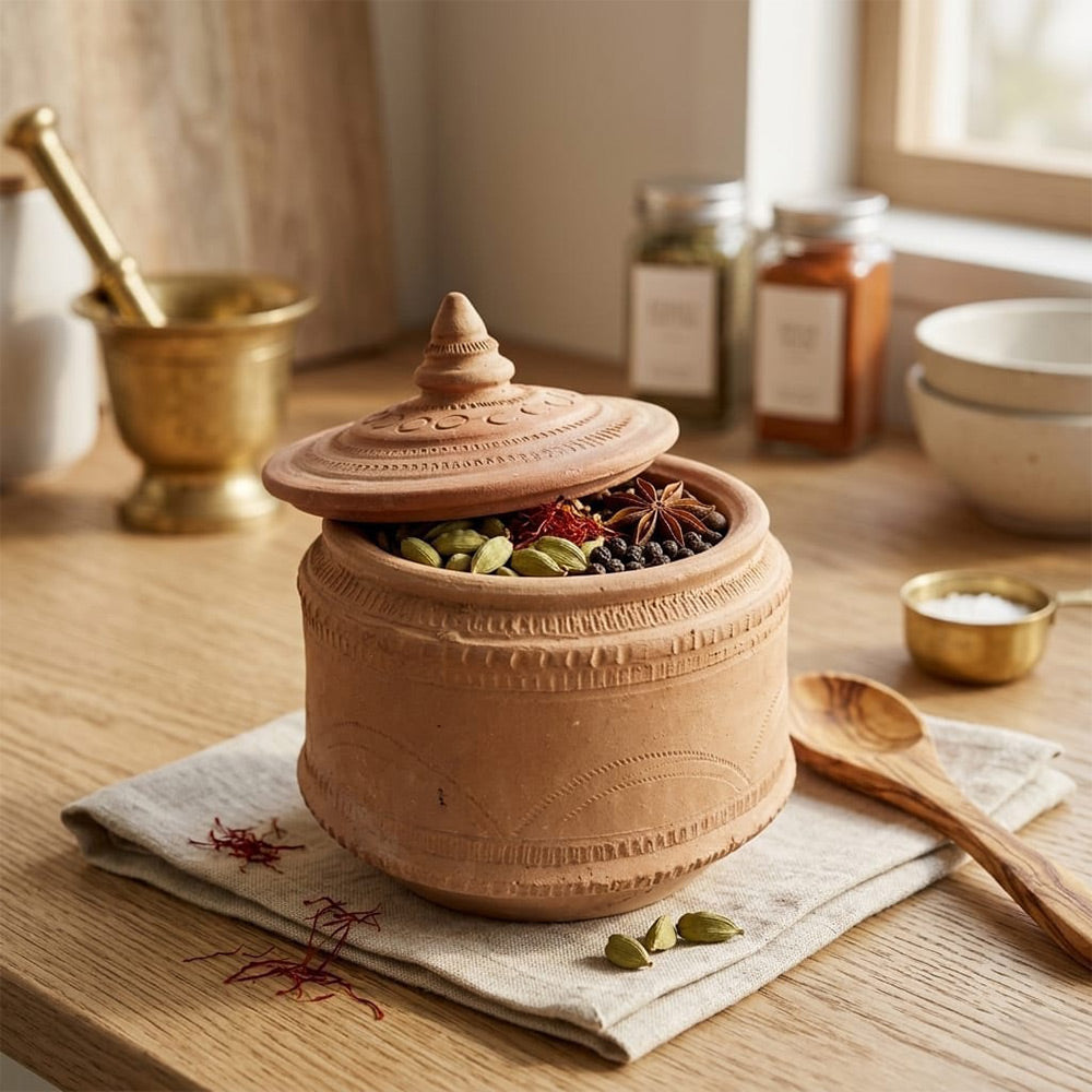 Pokhran Artisan Terracotta Spice Jar with Carved Patterns