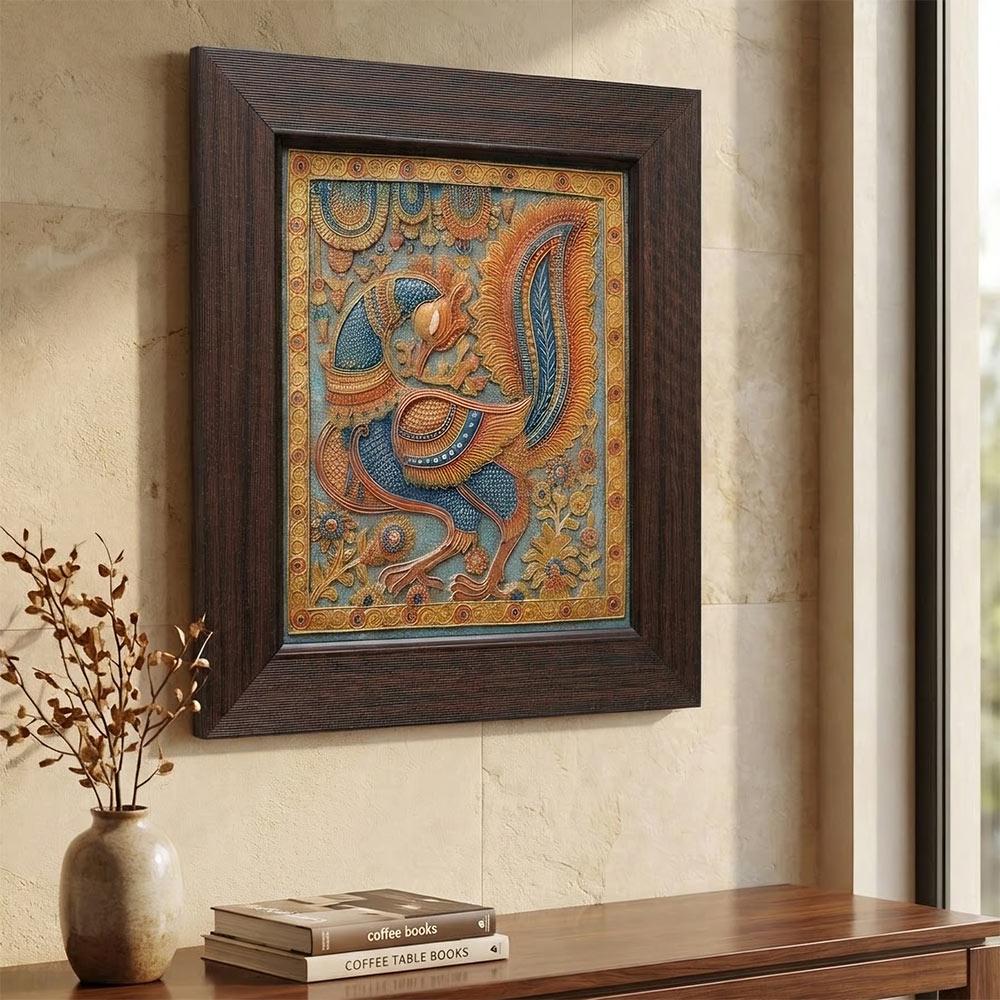 Close-up detail of the peacock stone painting relief work showing the craftsmanship and color palette.