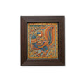 Front view of an artisanal peacock stone painting with intricate relief textures encased in a dark wooden frame.
