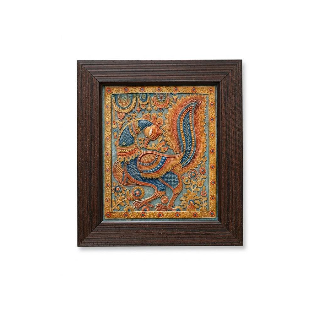 Front view of an artisanal peacock stone painting with intricate relief textures encased in a dark wooden frame.