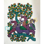 Gond Art: Vibrant Peacocks on a Tree Branch - Paper Only