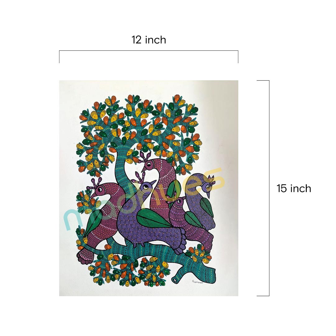 Gond Art: Vibrant Peacocks on a Tree Branch - Paper Only