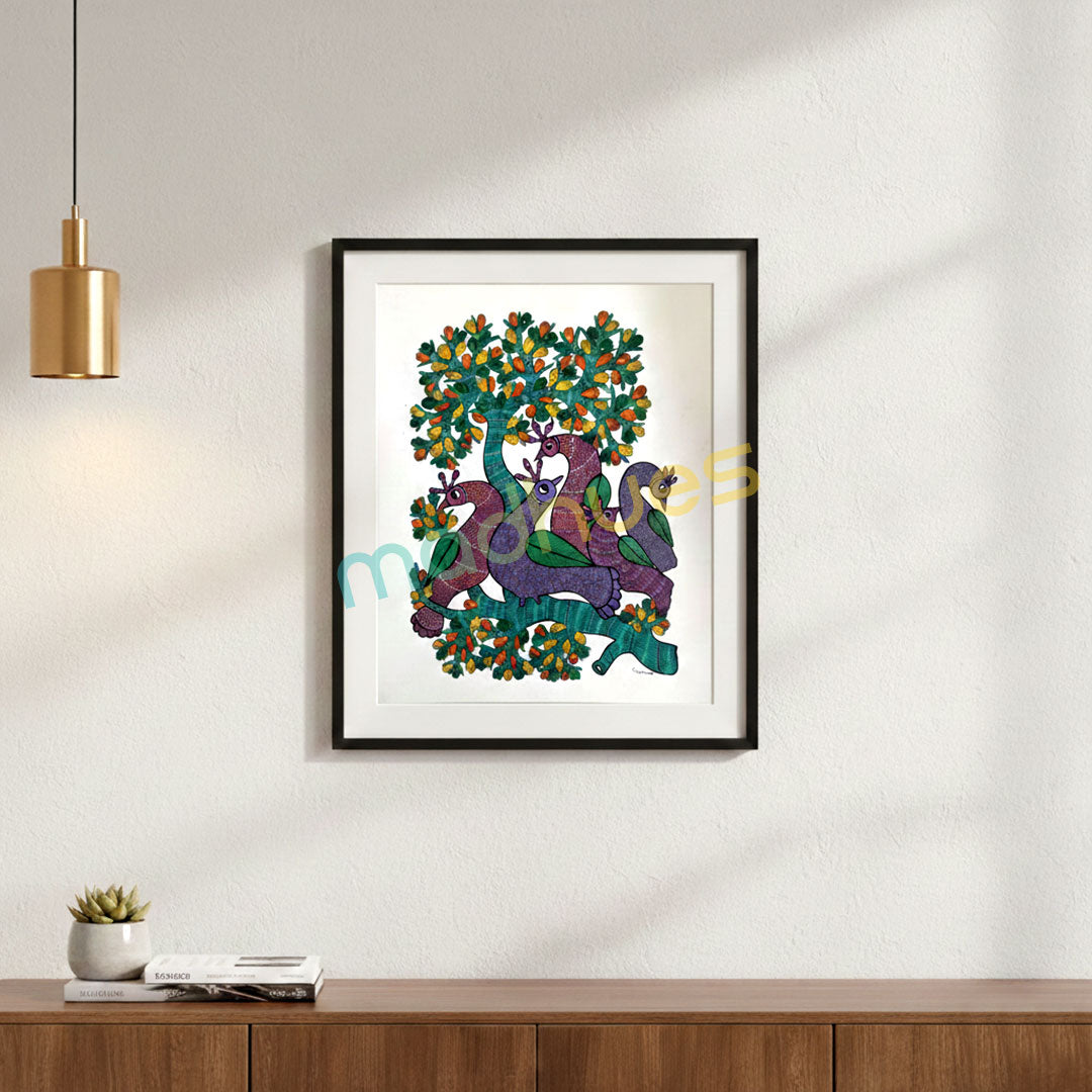 Gond Art: Vibrant Peacocks on a Tree Branch - Paper Only
