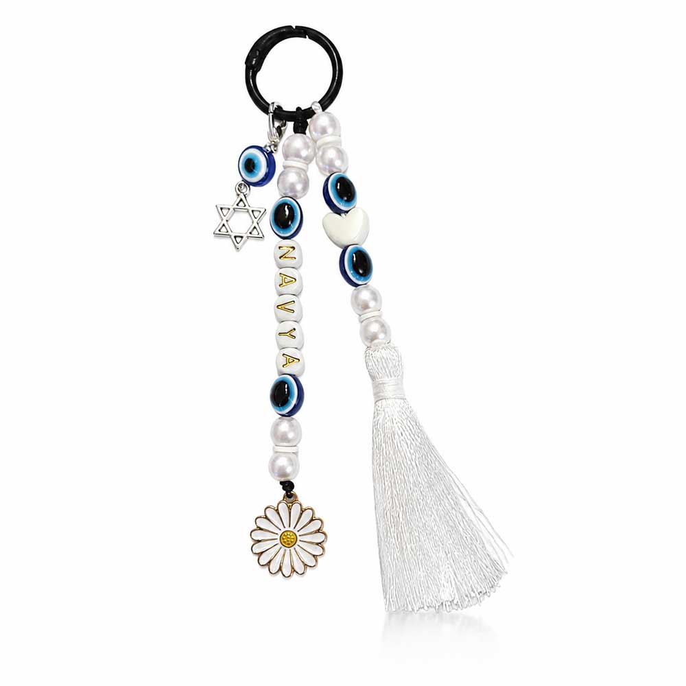 Personalized Evil Eye Bag Charm with Custom Name & White Tassel