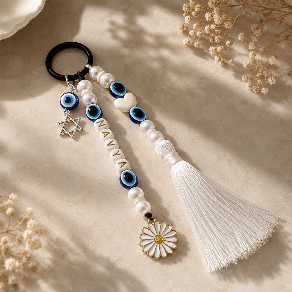 Personalized Evil Eye Bag Charm with Custom Name & White Tassel