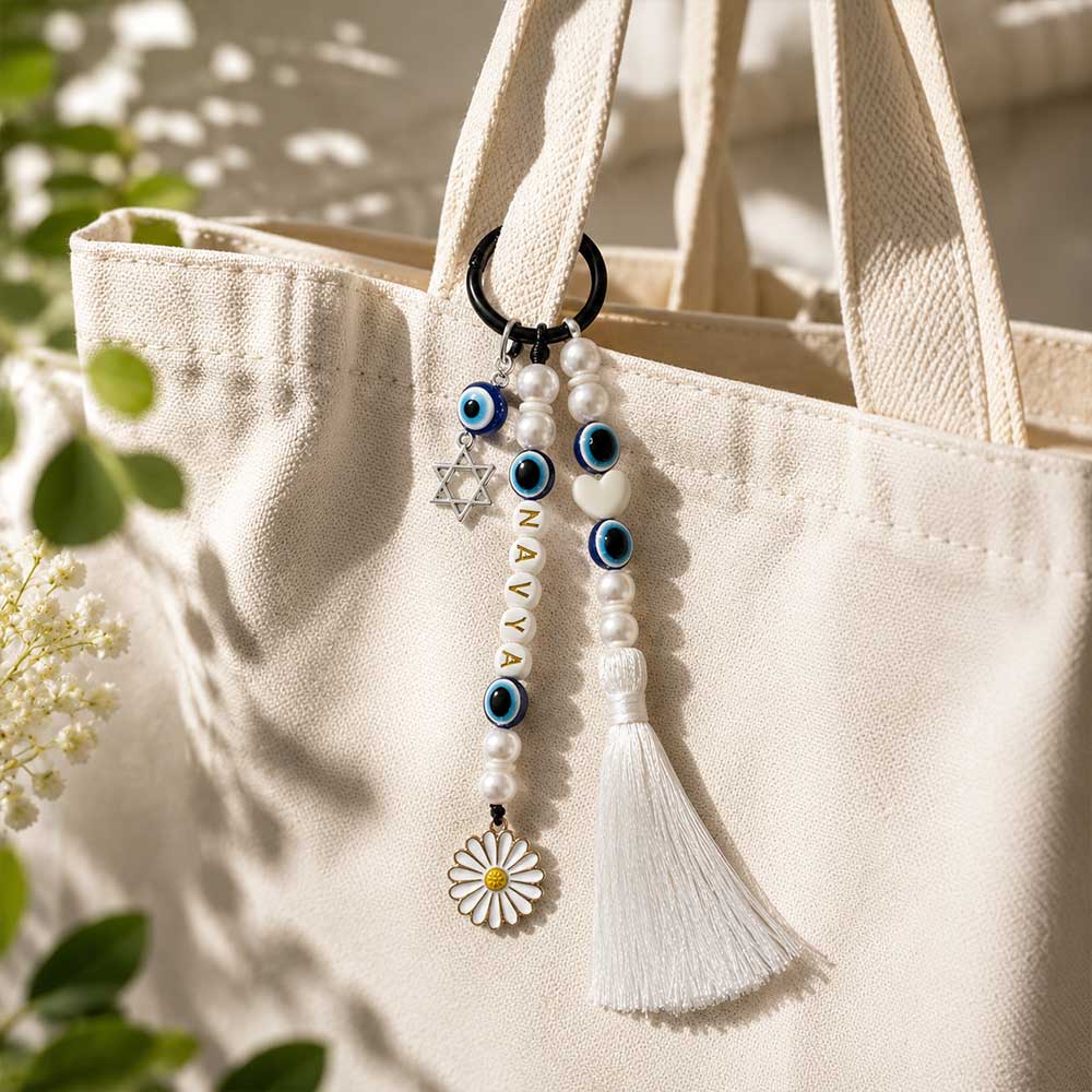Personalized Evil Eye Bag Charm with Custom Name & White Tassel