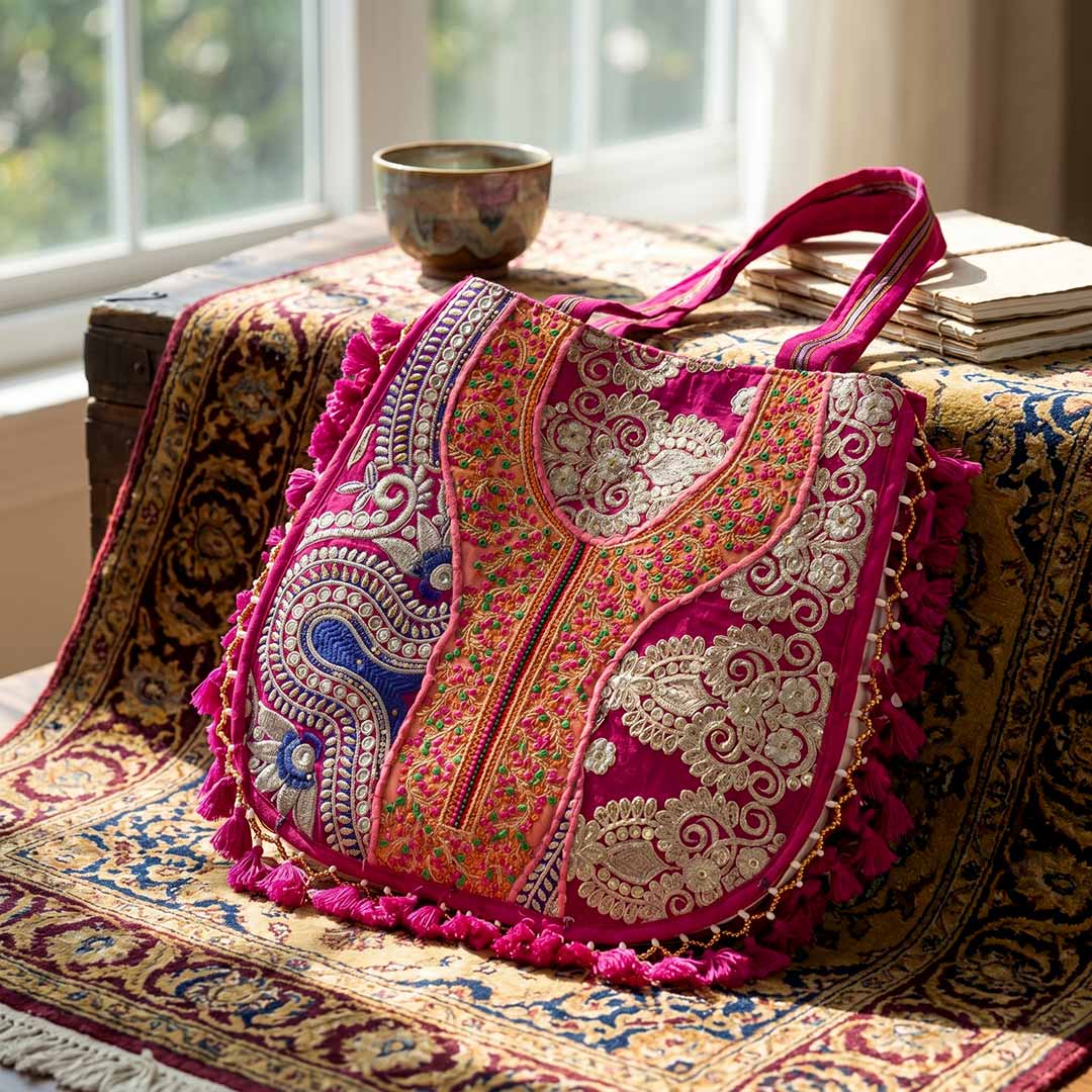 Ornate Kasida Kari Patchwork Tote in Pink and Gold