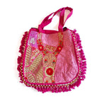 Kasida Kari Magenta Embroidered Patchwork Bag with Beaded Fringe
