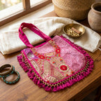 Kasida Kari Magenta Embroidered Patchwork Bag with Beaded Fringe