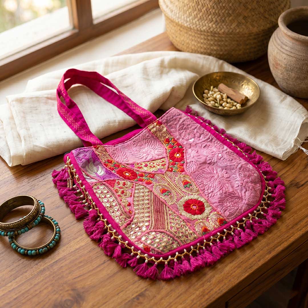 Kasida Kari Magenta Embroidered Patchwork Bag with Beaded Fringe