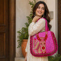 Kasida Kari Magenta Embroidered Patchwork Bag with Beaded Fringe