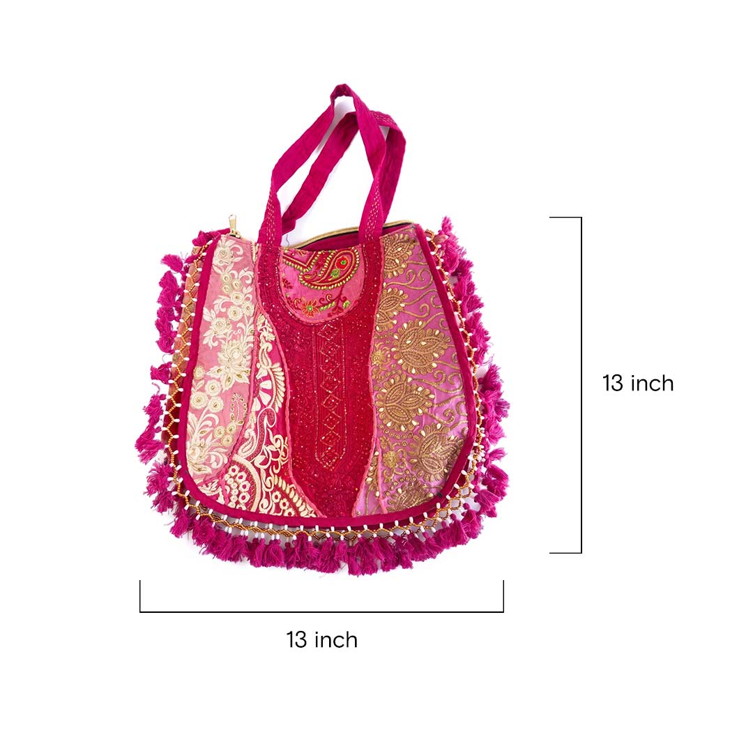 Hand-Crafted Kasida Kari Patchwork Bag in Vibrant Pink