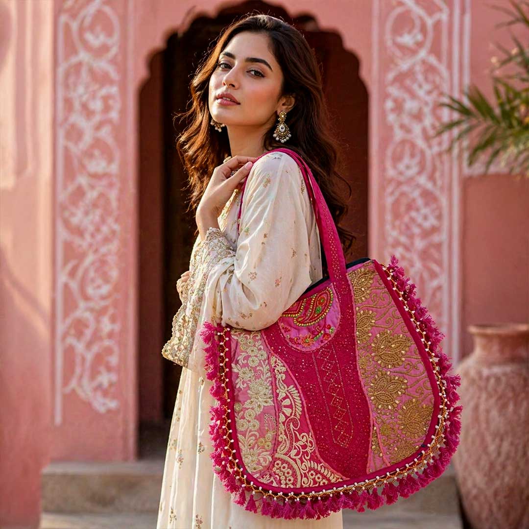 Hand-Crafted Kasida Kari Patchwork Bag in Vibrant Pink