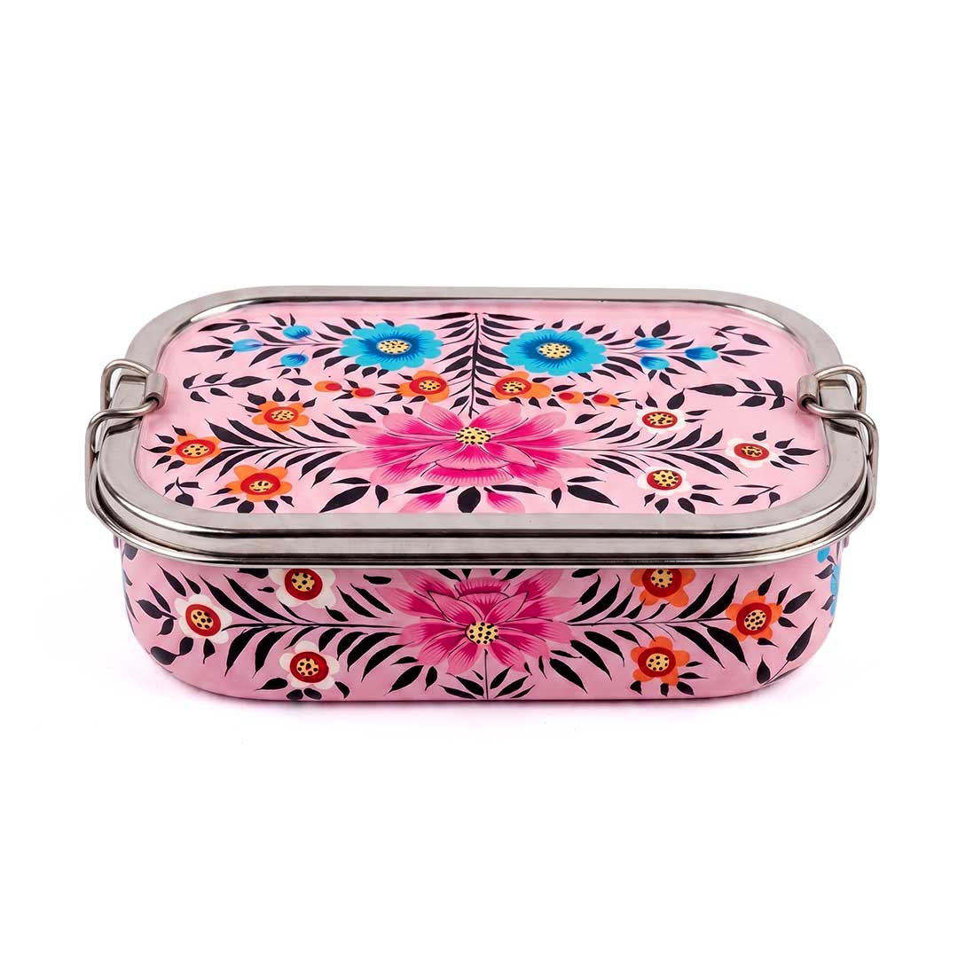 Pink Floral Hand Painted Stainless Steel Tiffin Box