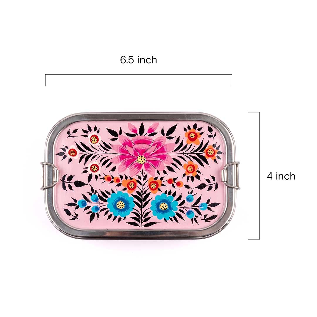 Pink Floral Hand Painted Stainless Steel Tiffin Box
