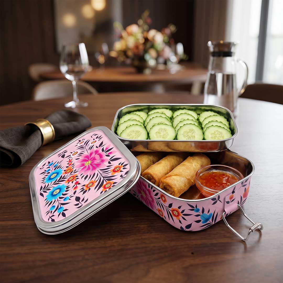 Pink Floral Hand Painted Stainless Steel Tiffin Box
