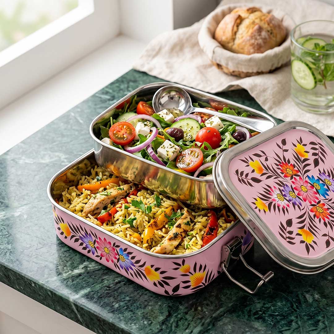 Blush Pink Artisanal Floral Hand Painted Stainless Steel Tiffin