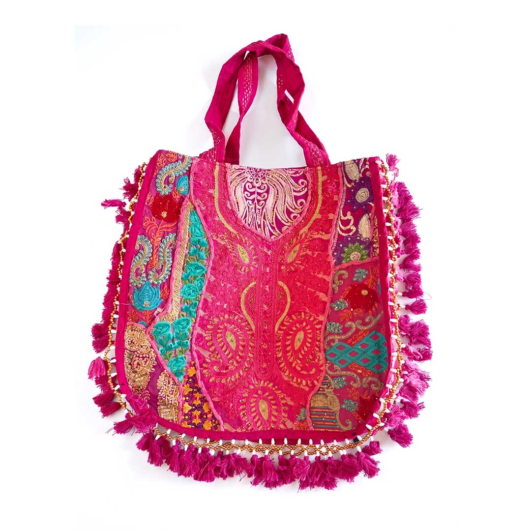 Kasida Kari Pink Patchwork Tote Bag with Beaded Tassels