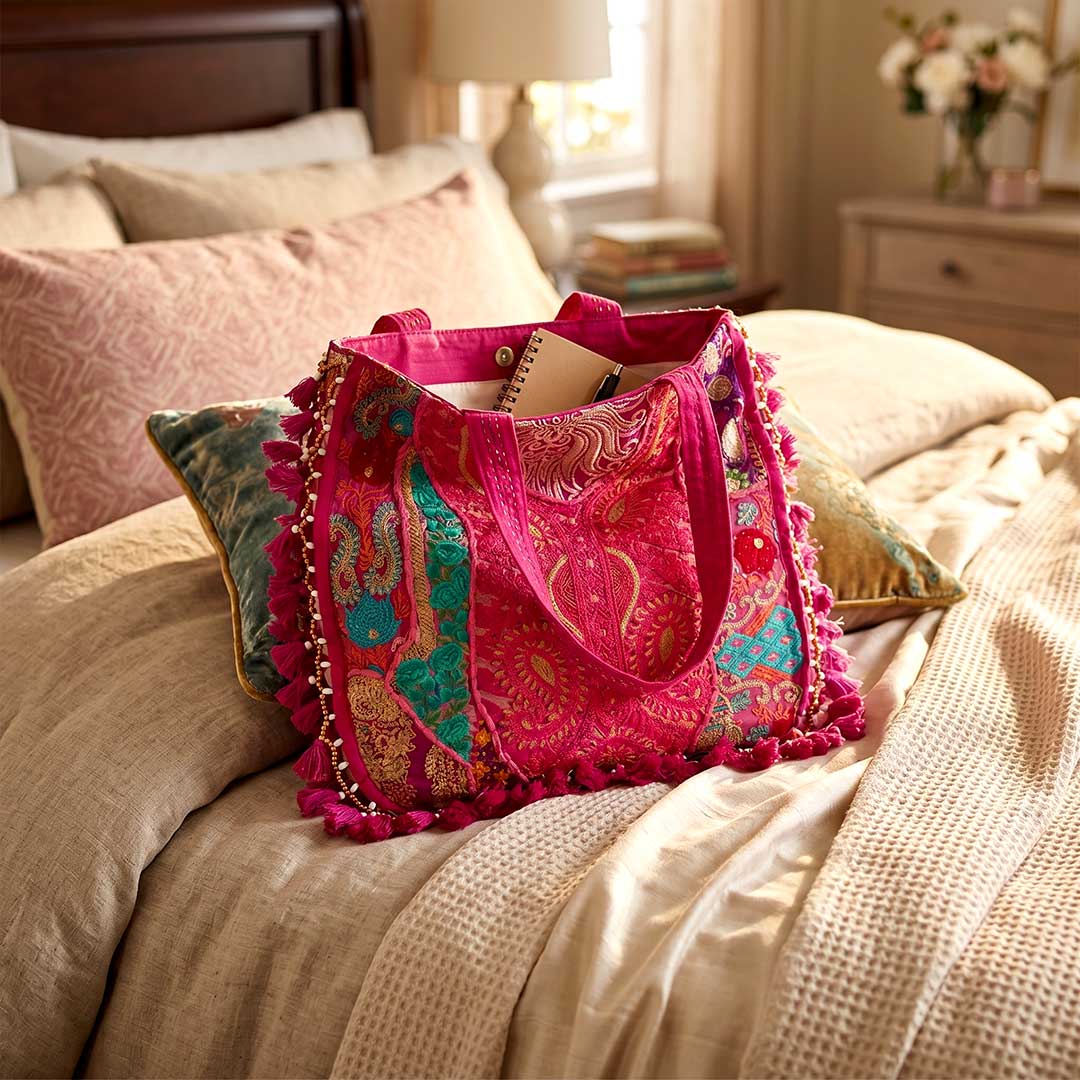 Kasida Kari Pink Patchwork Tote Bag with Beaded Tassels