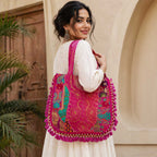 Kasida Kari Pink Patchwork Tote Bag with Beaded Tassels