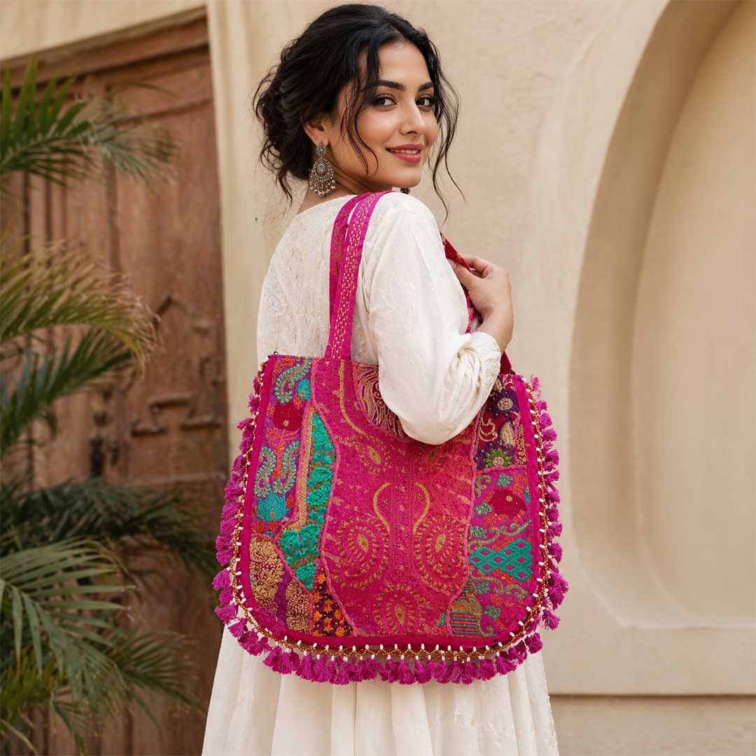 Kasida Kari Pink Patchwork Tote Bag with Beaded Tassels