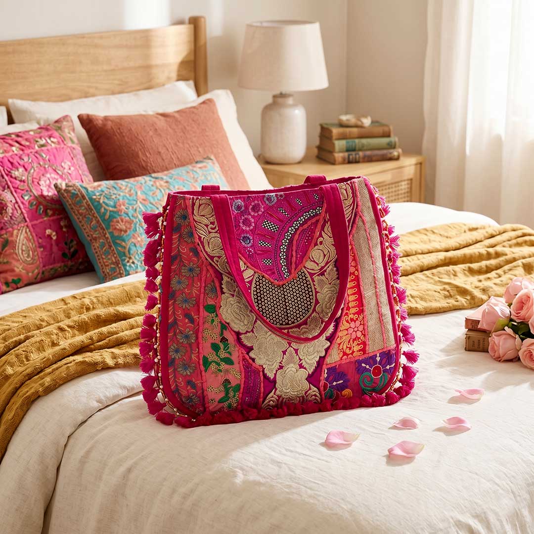 Bohemian Kasida Kari Patchwork Bag with Gold Threadwork
