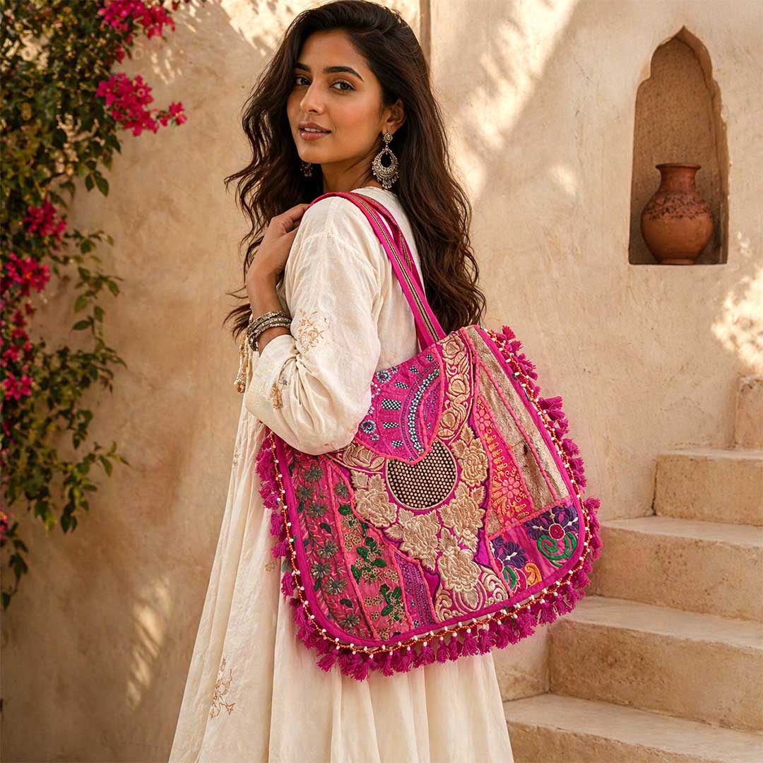 Bohemian Kasida Kari Patchwork Bag with Gold Threadwork