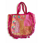 Artisan Kasida Kari Embroidered Tote with Pink Silk Patchwork