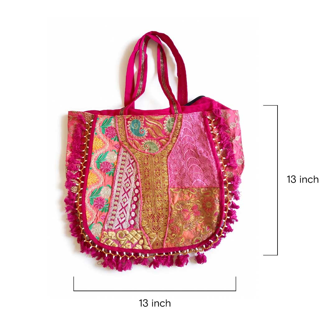 Artisan Kasida Kari Embroidered Tote with Pink Silk Patchwork