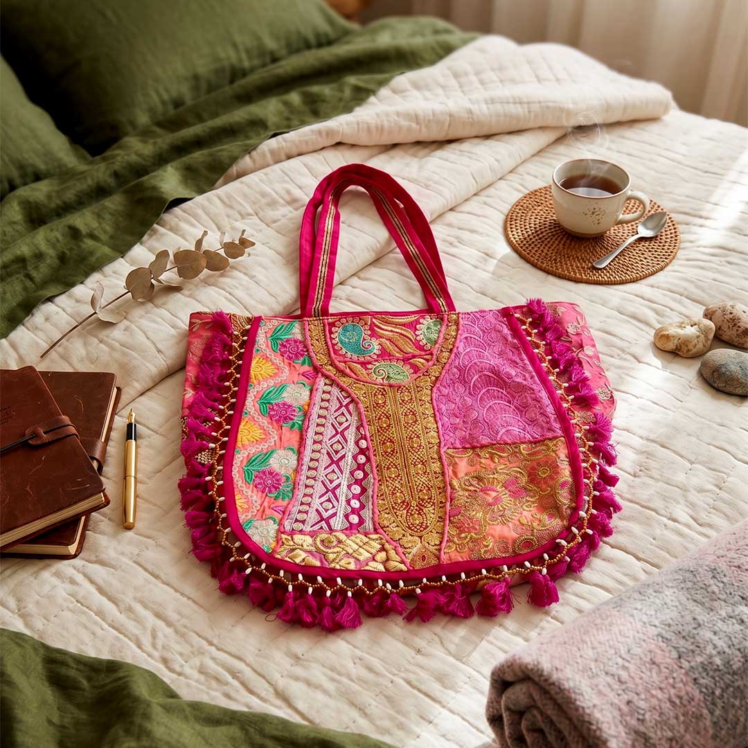 Artisan Kasida Kari Embroidered Tote with Pink Silk Patchwork