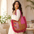 Artisan Kasida Kari Embroidered Tote with Pink Silk Patchwork