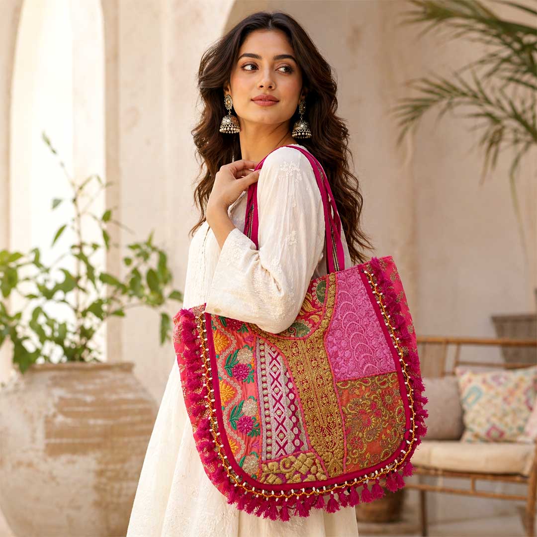 Artisan Kasida Kari Embroidered Tote with Pink Silk Patchwork