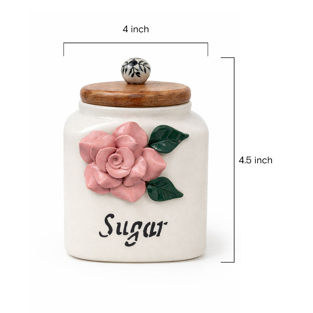 Vintage Ceramic Sugar Canister with 3D Pink Rose & Wooden Lid