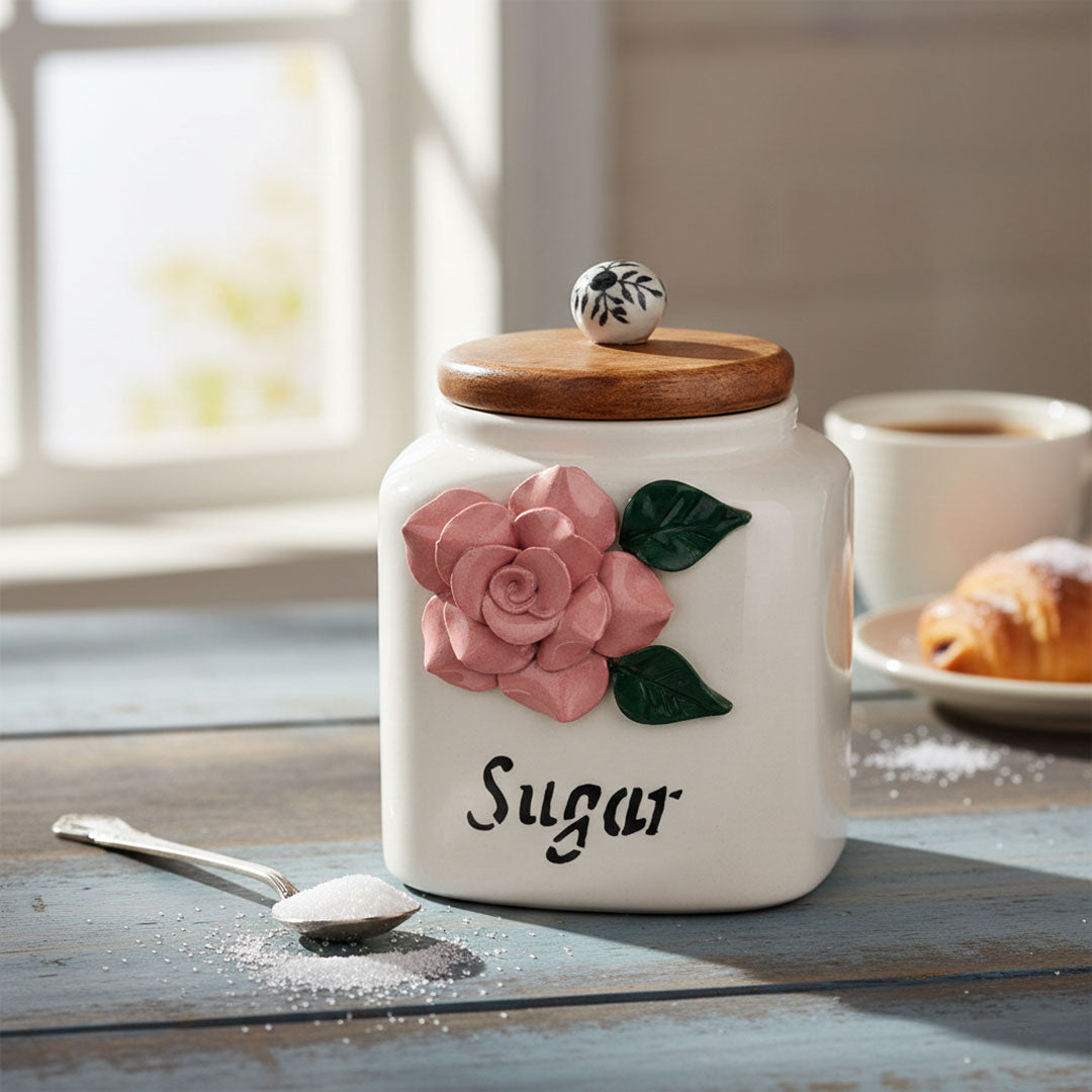 Vintage Ceramic Sugar Canister with 3D Pink Rose & Wooden Lid