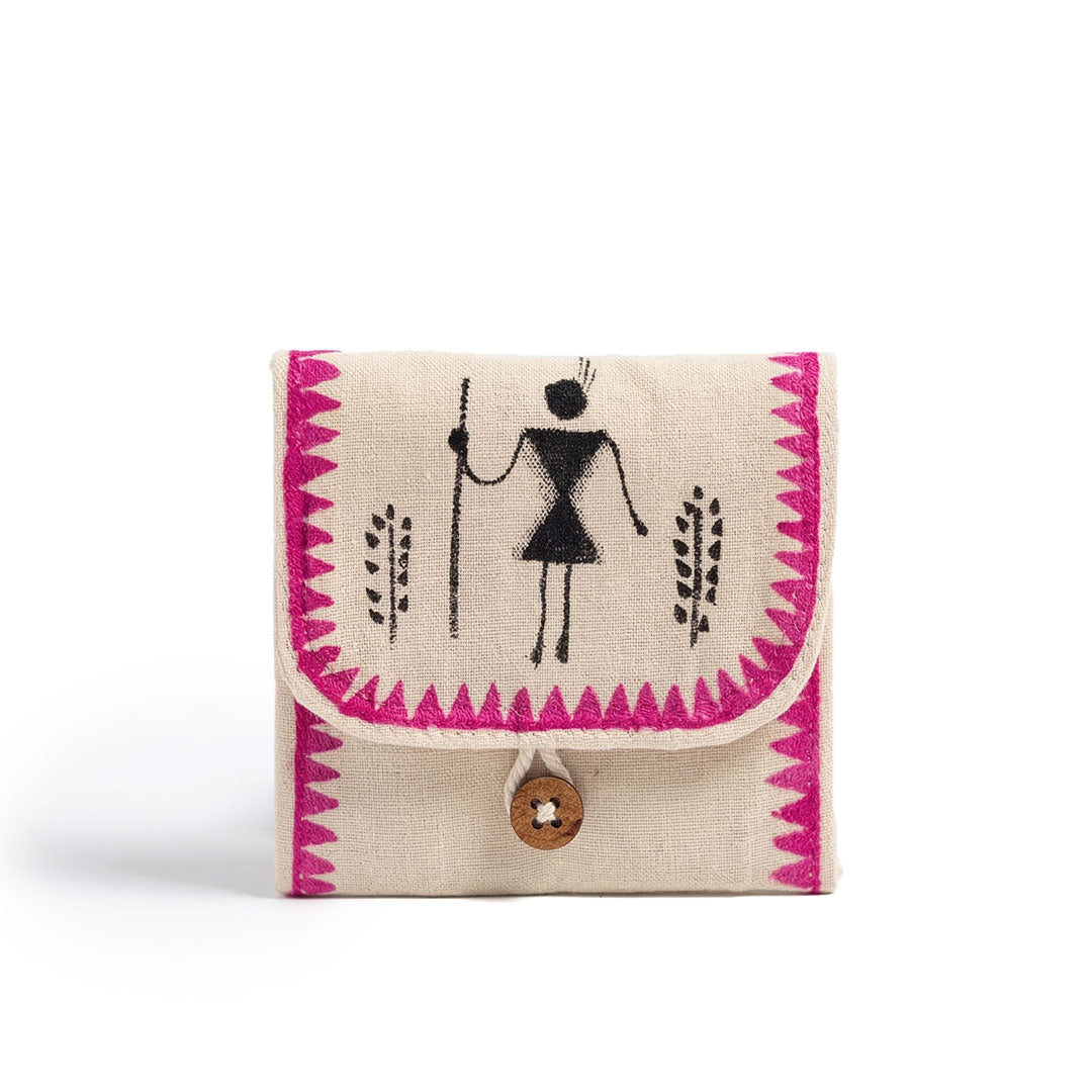 Warli Folk Art Handmade Canvas Square Pouch with Pink Border