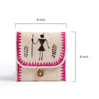 Warli Folk Art Handmade Canvas Square Pouch with Pink Border