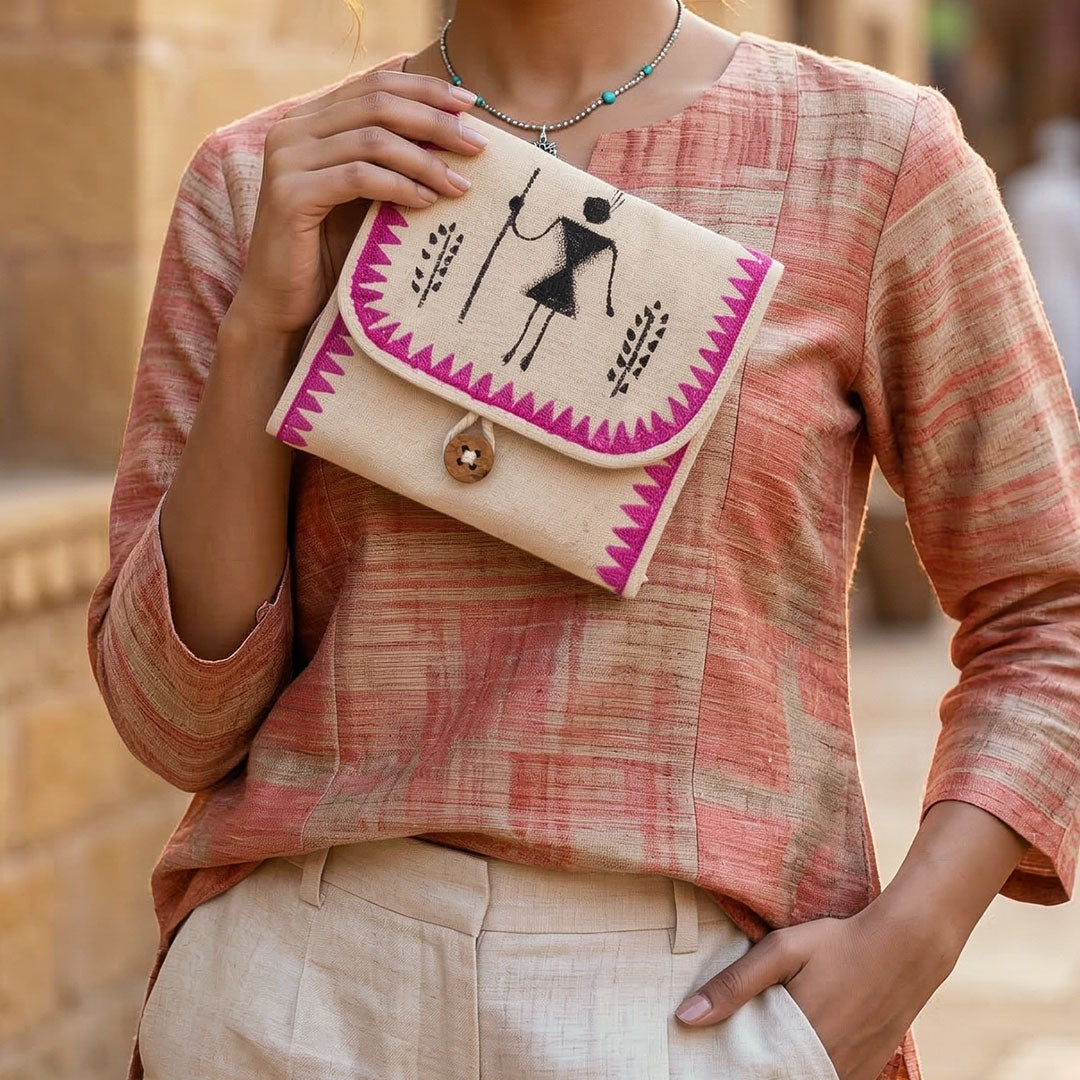Warli Folk Art Handmade Canvas Square Pouch with Pink Border