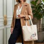 Person wearing a tan coat holding a beige tote bag with card design indoors.
