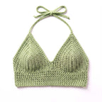 Model wearing light purple crochet bikini top.