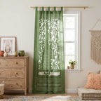 Olive Green Raja Applique Cotton Tab Top Curtain
