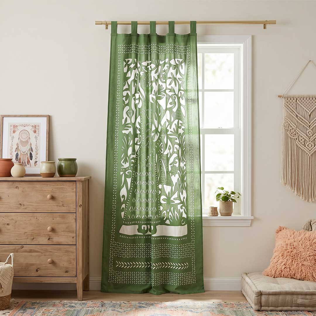 Olive Green Raja Applique Cotton Tab Top Curtain