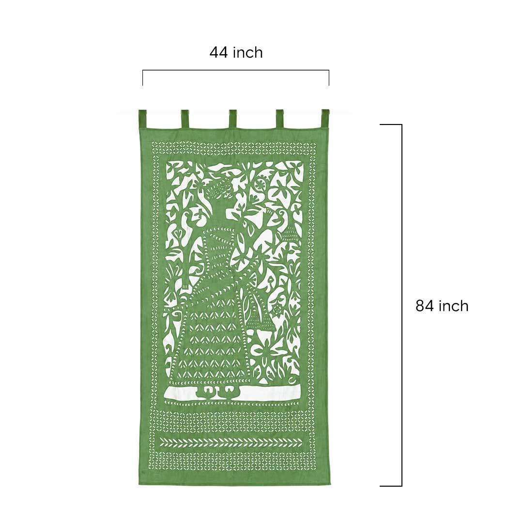 Olive Green Raja Applique Cotton Tab Top Curtain