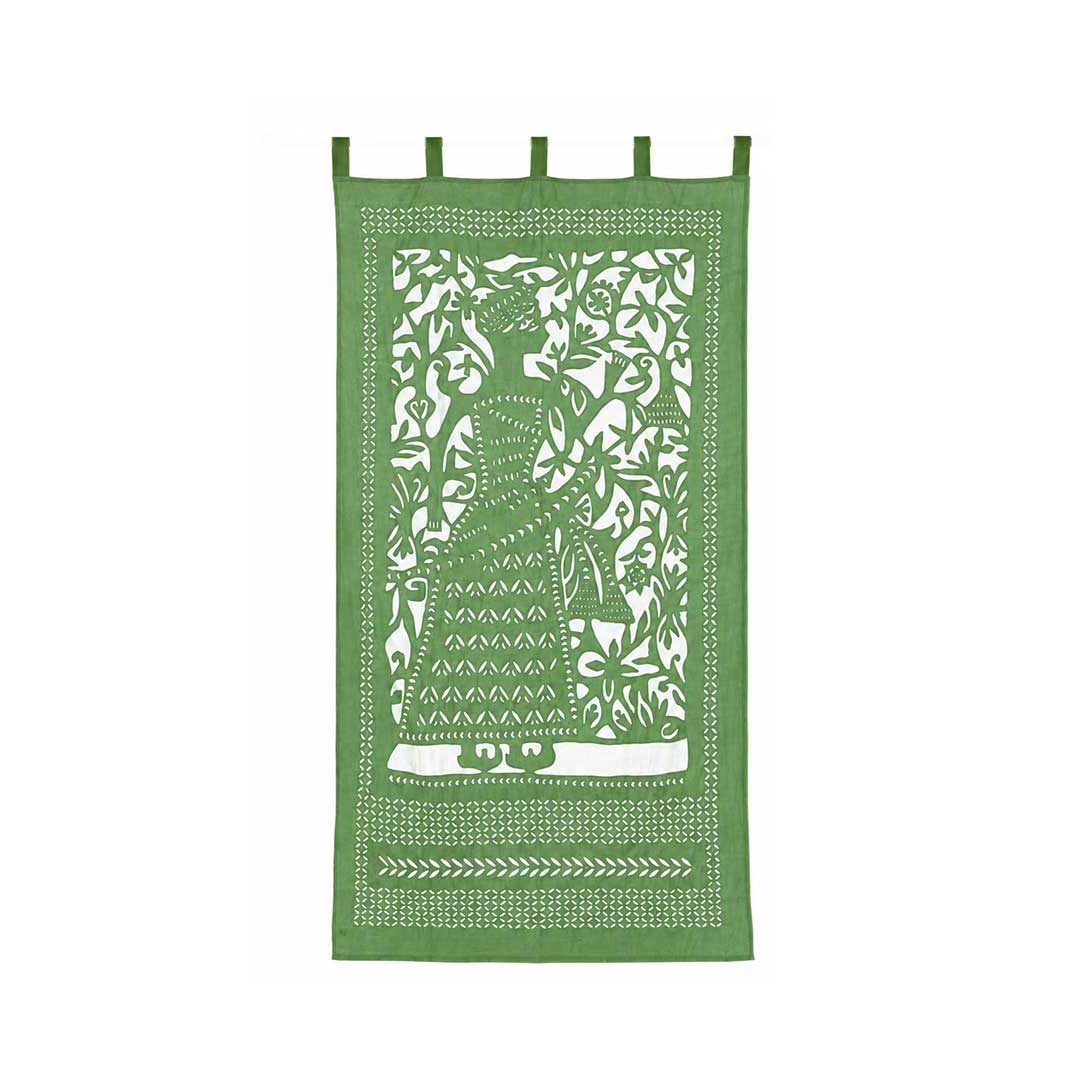Olive Green Raja Applique Cotton Tab Top Curtain