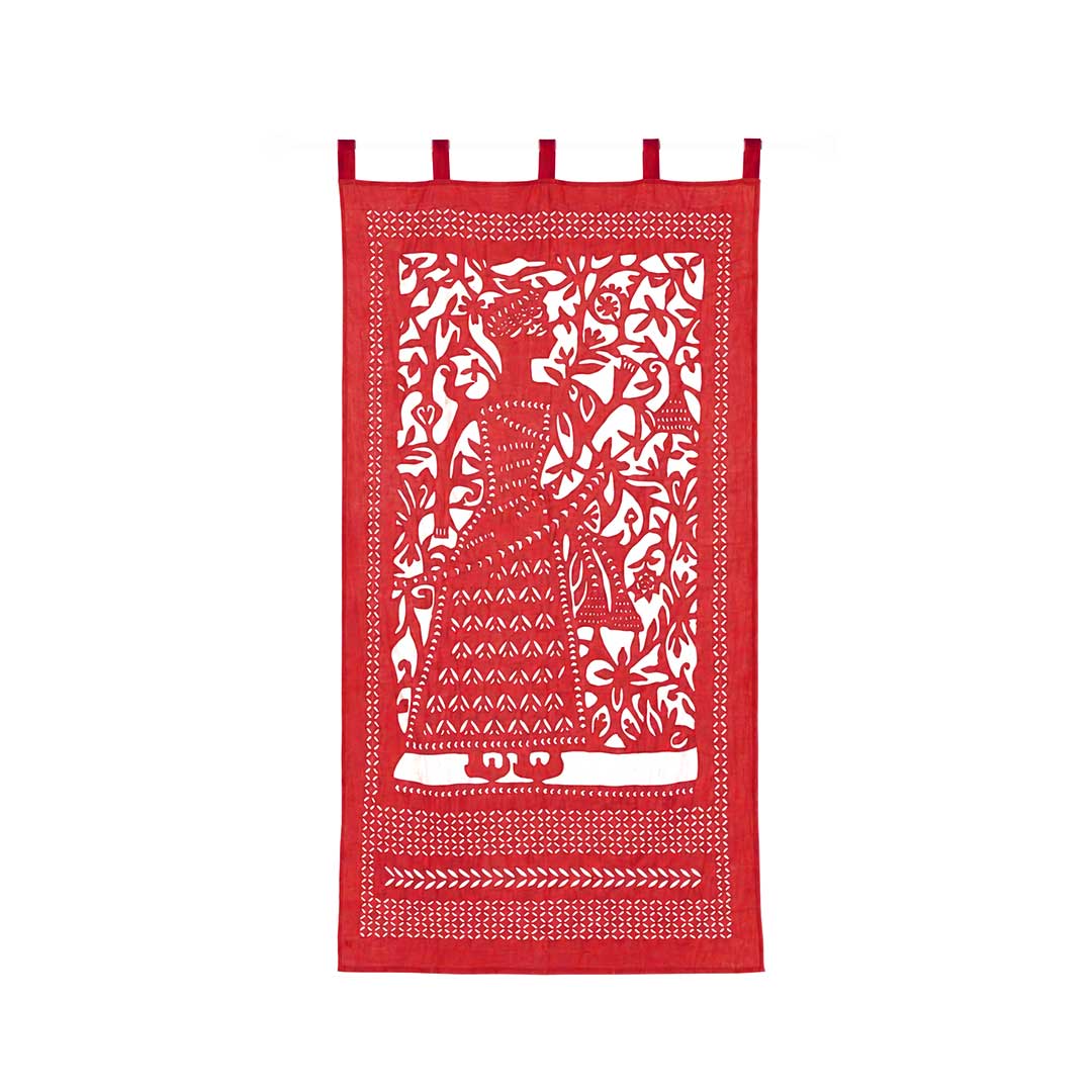 Scarlet Red Raja Applique Tab Top Curtain