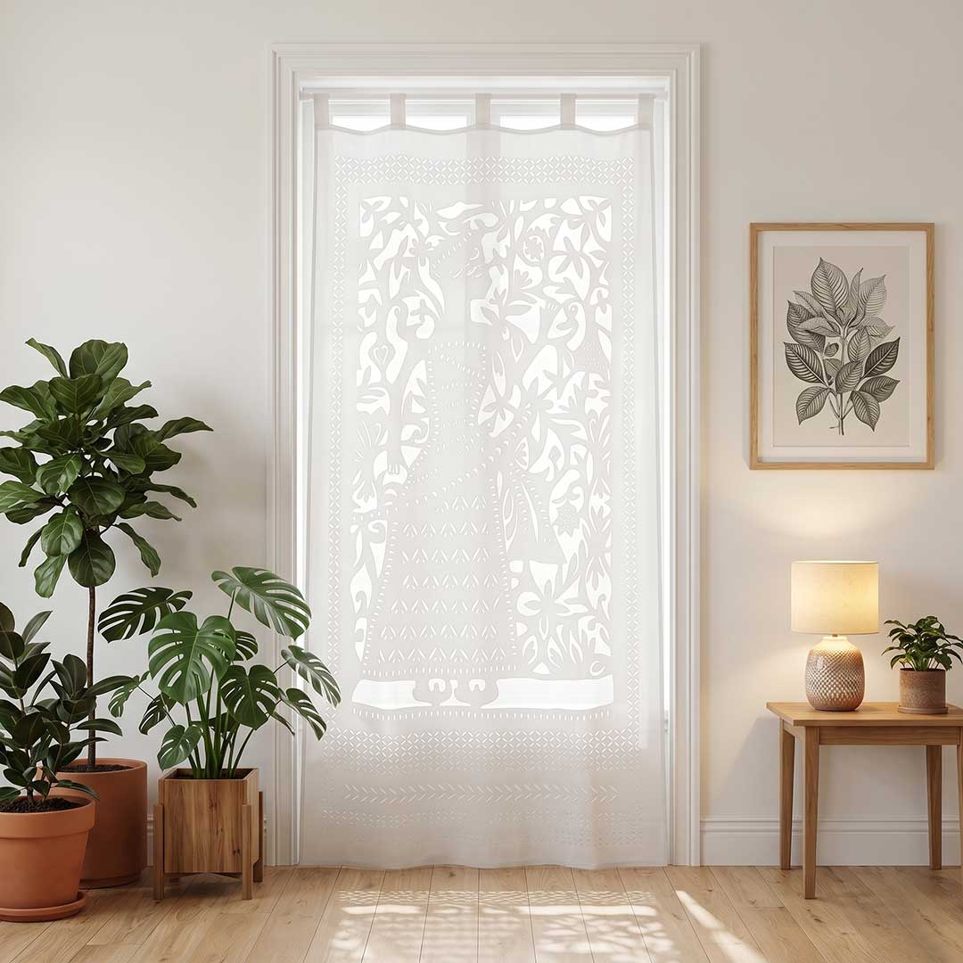 Hand-Appliqued Raja White Cotton Curtain Panel