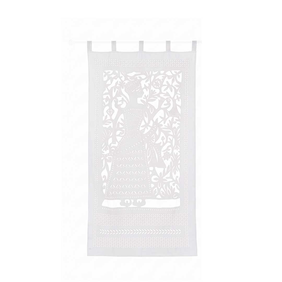 Hand-Appliqued Raja White Cotton Curtain Panel
