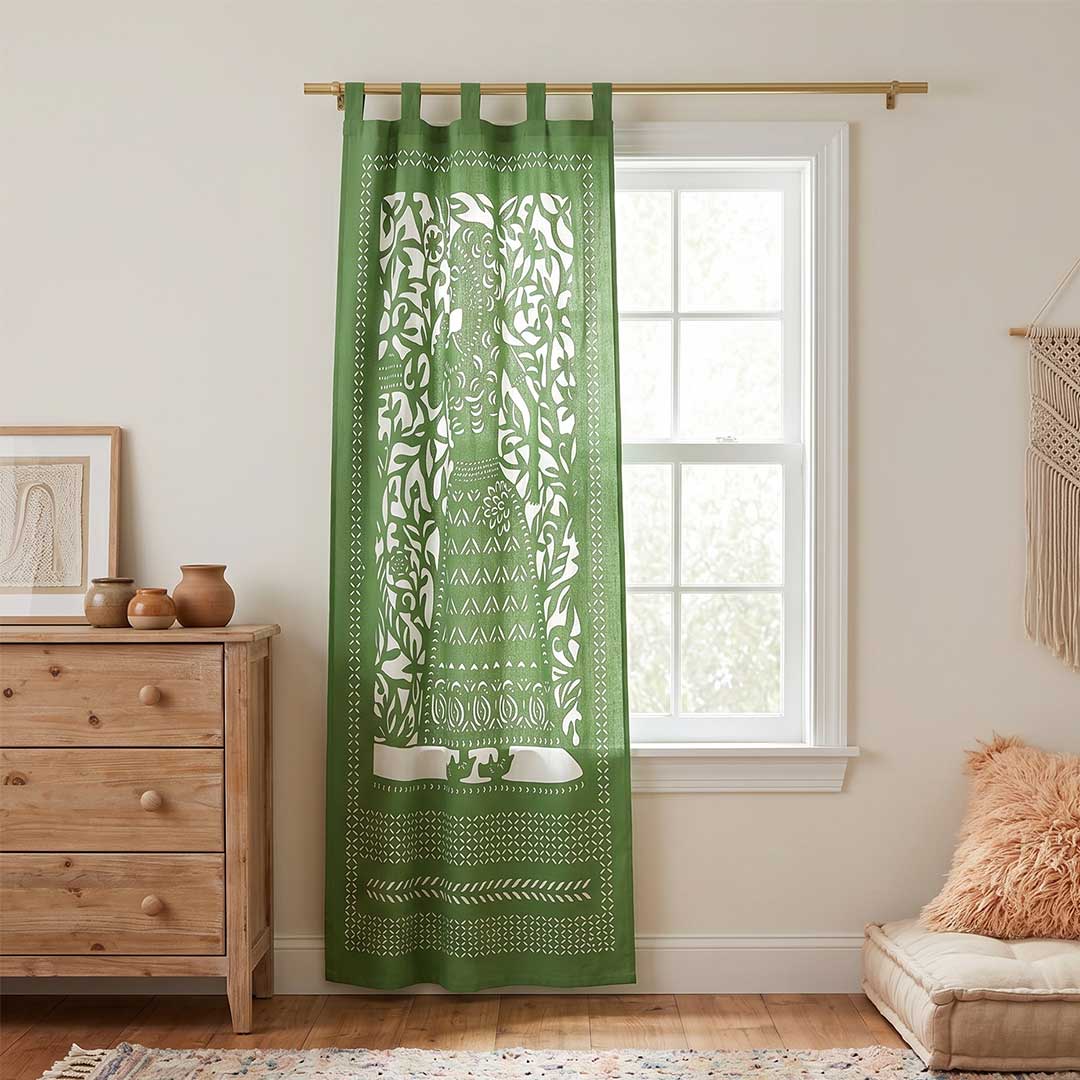 Green Rani Hand-Appliqued Cotton Curtain Panel