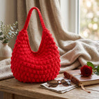 Detail view of the red crochet bag showing intricate bobble stitch patterns
